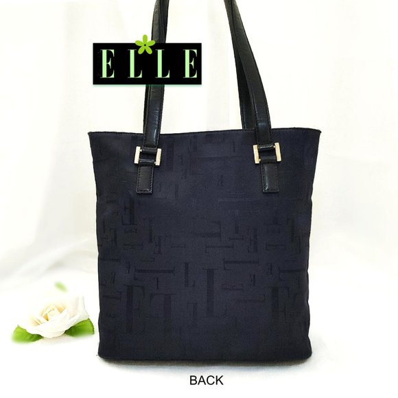 ELLE Paris Blue Nylon Tote Shoulder Bag Black Leather Handle Front Pocket ZipTop - Picture 4 of 10